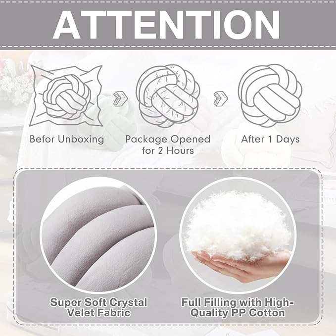 Namalu 2 Pcs Soft Knot Pillow Ball, Decorative Round Throw, Soft Knotted Plush Pillows, Handmade Stuffed Ball Pillows Cushion for Bedroom Sofa Couch Home Decor(10.6 Inches,Light Gray)