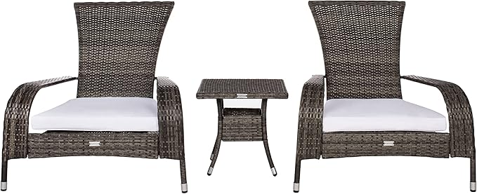 SAFAVIEH Outdoor Patio Furniture Collection Edna 3-Piece Lounge Set with Grey Brown Faux Rattan Armchairs, Cushions & Side Table, Conversation Seating (PAT7719C)
