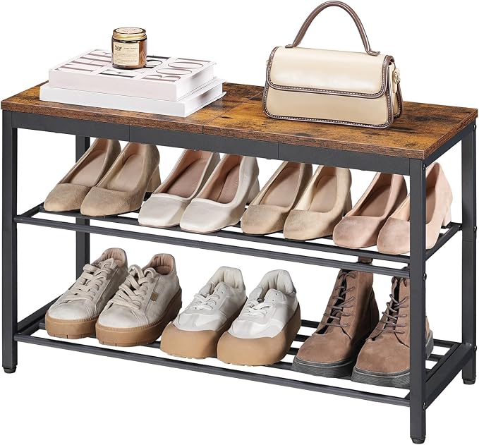HOOBRO Shoe Bench, 3-Tier Narrow Entryway Bench with Seat, Shoe Rack, Industrial Metal and Wood Shoe Organizer for Small Spaces, Hallway, 11.2" D x 29.5" W x 19.1" H, Rustic Brown and Black BF76HX01 by HOOBRO