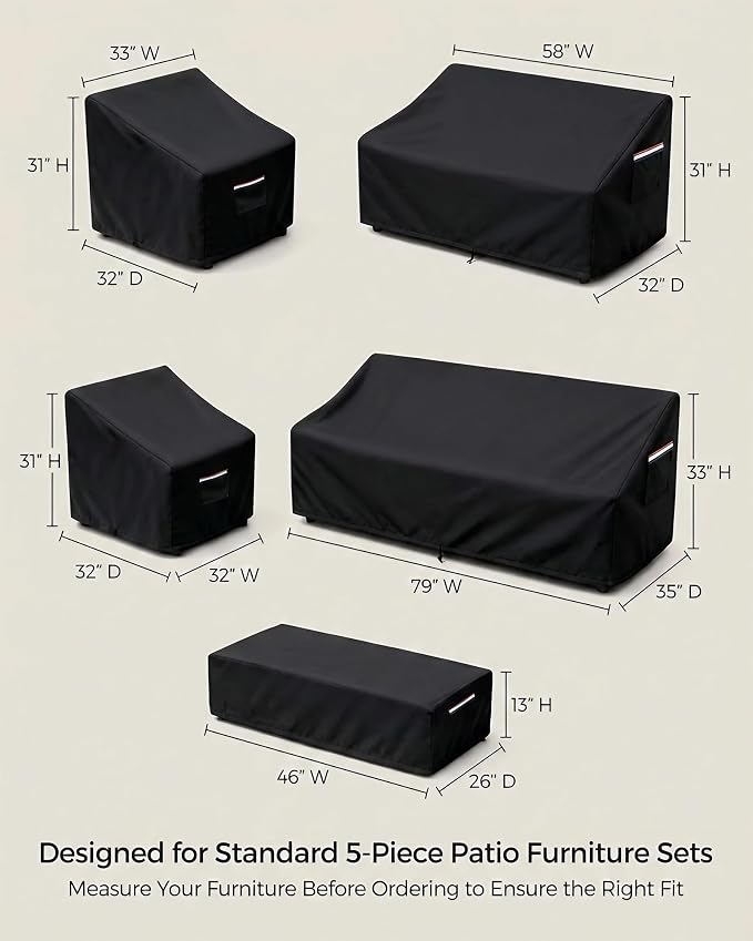 Patio Furniture Cover Set, 5-Piece Outdoor Furniture Cover Waterproof, Covers for Sofa, Loveseat, Chairs & Coffee Table, Heavy-Duty 600D Lawn Patio Set Covers,UV-Resistant All-Season Protection,Black - Image 3