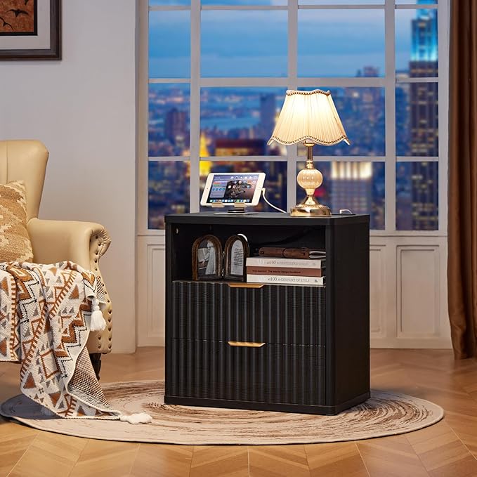 LEYAOYAO 48" Wide Fluted Dresser and 2 Drawers 23" Nightstand Set of 2, Wooden Dresser & Night Stand with Charging Station, 3 Piece Bedroom Furniture Set, Wood Chest of Drawer for Living Room,Black