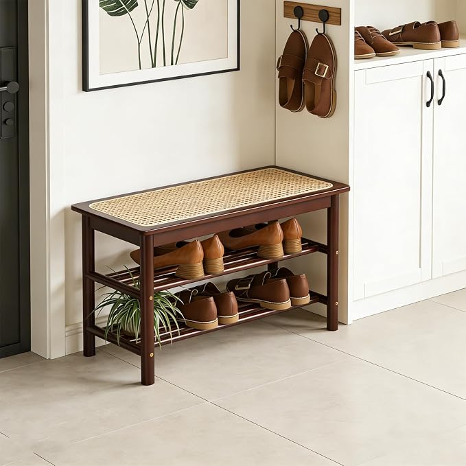 latifolia Shoe Rack Bench, 3-Tier Bamboo Shoe Bench with Breathable Rattan Seat Cushion, Shoe Storage Rack for Entryway(Walnut,23.62''L) - Image 7