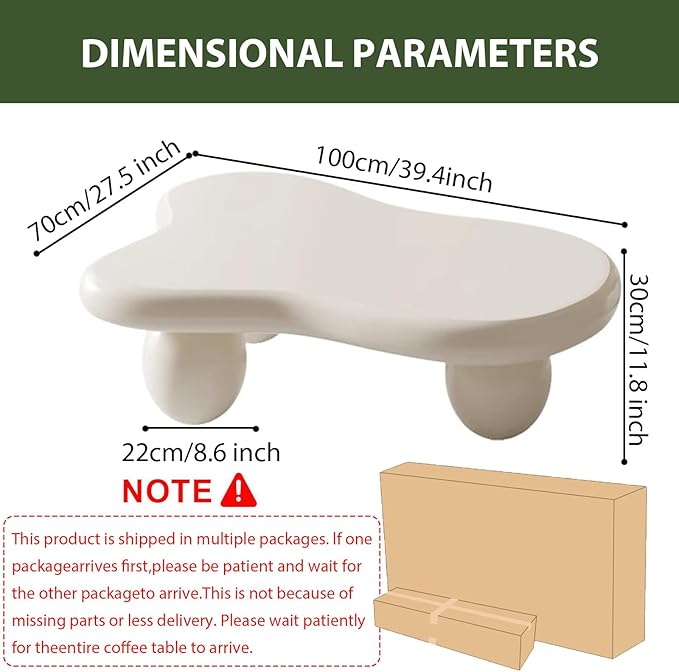 Modern Wooden Coffee Table Cloud Coffee Table Cute Central Living Room Low Table Irregular Indoor End Table White Coffee Tables with 3 Oval Ball Legs for Living Room (White Oval Leg B 39.4 inch)