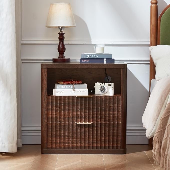 LEYAOYAO 23" Wide Fluted Night Stand with Charging Station, 2 Drawers Large End Table with Storage, Walnut Nightstand Wood Bedside Tables, Farmhouse Cabinet Dresser for Bedroom, Closet - Image 3