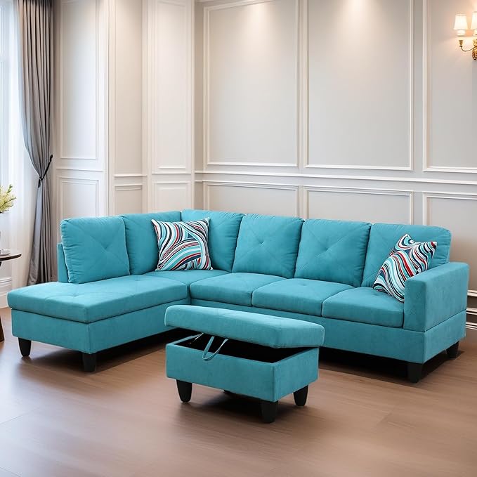 FONTOI L Shaped Sectional Couch Sofa, Modern Couches for Living Room, Comfy 4 Seat Modular Sectional Sofa with Ottoman Storage for Bedroom Apartment, Blue