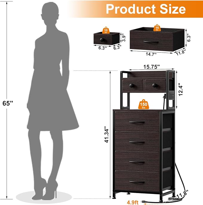 REAHOME 41 Inch Tall Nightstand with Charging Station, LED Night Stand with 6 Fabric Drawers, Bed Side Table with 3-Tier Wood Storage Shelves for Bedroom, Office, Small Spaces, Leather Brown - Image 3