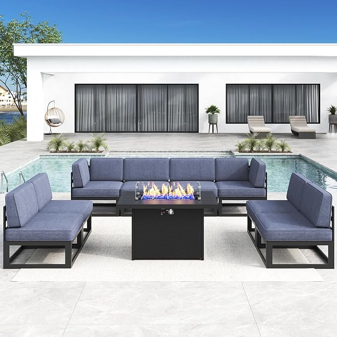 LayinSun Large Aluminum Patio Furniture Set with Fire Pit Table, 9 Pieces Modern Outdoor Conversation Set Sectional Metal Sofa Set with Olefin Cushion
