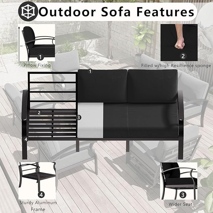 Patio Furniture Set 10 Seats Aluminum Armrest Sofa, Modern Outdoor Living Room Set with 55000 BTU Propane Aluminum Fireplace, Outdoor Rotary Joystick with Thick Cushion