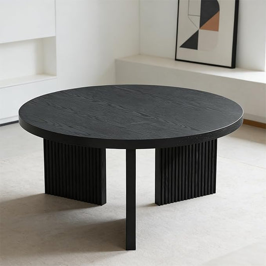 Wooden Round Coffee Table, 35" Coffee Table with Smooth Thick Mesa, Low Circle Center Table with X Shaped Stable Legs, Accent Tea Table for Living Room, Office, Black