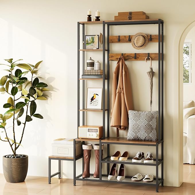 Espelism Hall Tree with Shoe Storage Bench Coat Rack with 7 Hooks Interchangeable 4 Tier Side Storage Shelves Small Cute Side Bench Industrial 5-in-1 Entryway Coat Rack for Hallway Mudroom Bedroom - Image 6