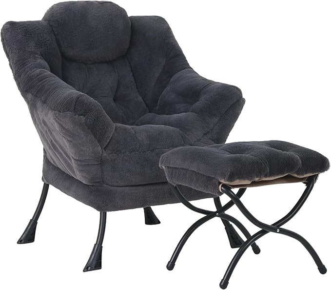 MBOOYOME Lazy Chair with Folding Ottoman, Modern Accent Lounge Armchair with Armrests and a Side Pocket & Foldable Footstool, Leisure Reading Chair for Living Room, Bedroom, Dorm & Office, Plush Navy