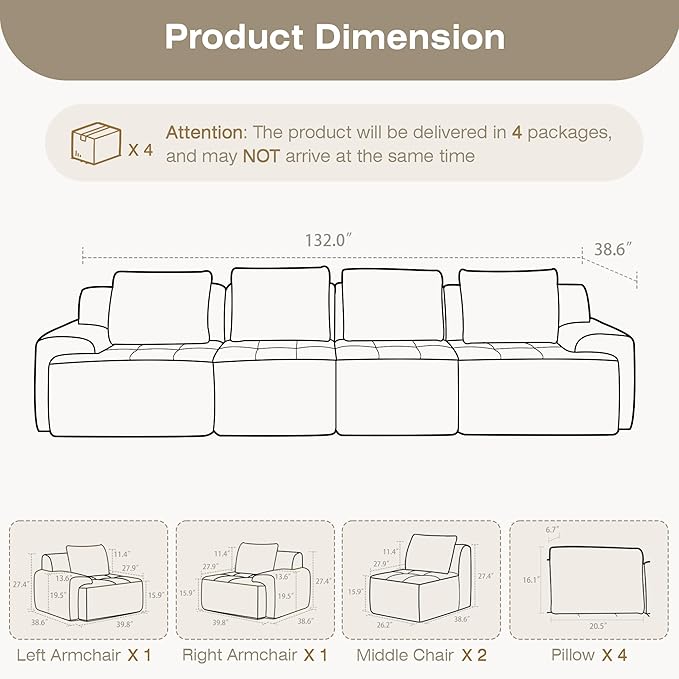 Modular Sectional Sofa, 6 Seat Modular Couch, Modular Sofa with Deep Seat and Detachable Pillow (Grey, 4 Pieces-Rowshape)