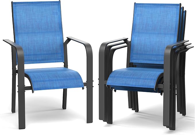 BUPPLEE Patio Chairs Set of 4, Stackable Outdoor Dining Chairs, All Weather Breathable Textile, Heavy Duty Metal Frame Porch Chairs for Backyard, Lawn (Blue, Set of 4) by BUPPLEE