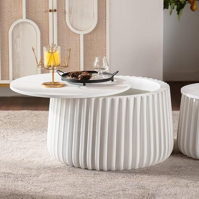 kevinplus 46.46'' White Round Coffee Table Set of 2 with Storage Space & Lift-Off Lid, Modern Circle Fluted Drum Nesting Coffee Table for Living Room, Curved-Edge Shape & No Assembly, White