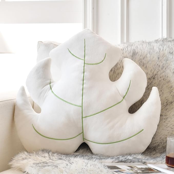 Leaf Pillow, Cute Decorative Throw Plant Pillow Aesthetic Decor Nature Pillow for Bed Couch, Leaves Shaped Pillow Perfect for Bedroom Living Room (White, 15 Inches)