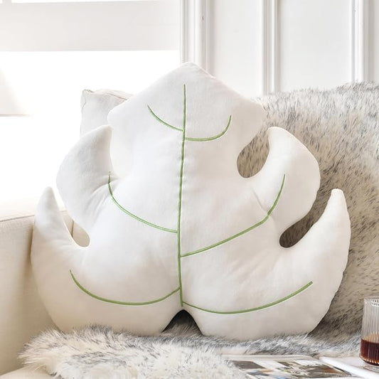 Leaf Pillow, Cute Decorative Throw Plant Pillow Aesthetic Decor Nature Pillow for Bed Couch, Leaves Shaped Pillow Perfect for Bedroom Living Room (White, 15 Inches)