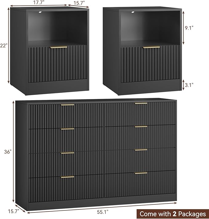 8 Drawer Dresser & Nightstand Set 3-Piece, 55” Wide Bedroom Dresser Set Night Stand Set of 2 with Metal Handle, Fluted Modern Wood Chest of Drawers Storage Dressers Set for Bedroom, Black