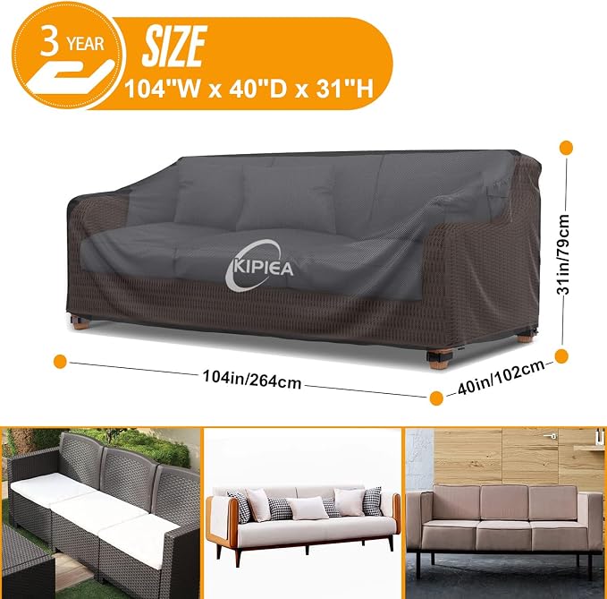 Kipiea Patio Sofa Cover, Heavy Duty Outdoor Couch Covers Waterproof Winter, 3-Seat Patio Furniture Cover Loveseat, Outdoor Sofa Covers with Anti UV and No Tears, No Fading (104"W x 40"D x 31"H) - Image 2