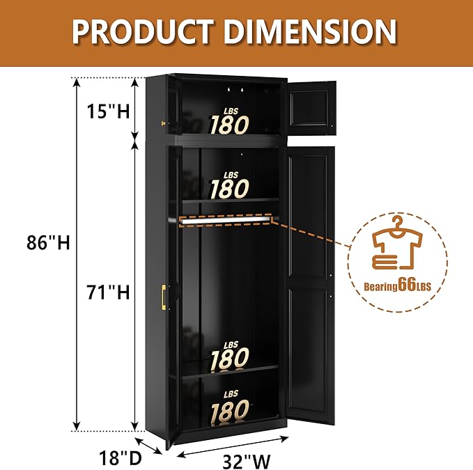 Polup Metal Armoire Closet, 86 Inch Tall Wardrobe Armoire with Hanging Rod, Wardrobe Closet for Clothes with Doors, 18" D x 32" W x 86" H,Black, Assemble Required, Shipped in Two Packages