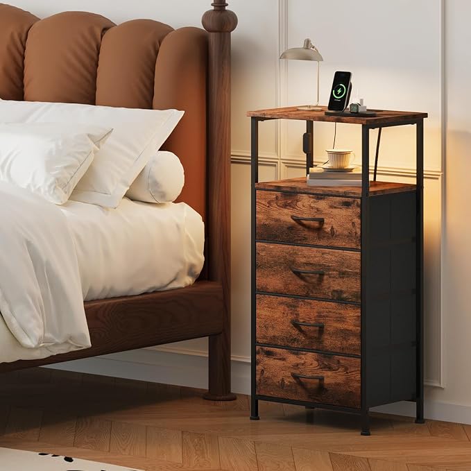 Somdot Tall Nightstand with Charging Station and LED Light for Bedroom, 4 Drawers Dresser with Fabric Bins for Bedside Kids Dorm Room Closet Laundry Entryway, Wood Grain Print - Image 2