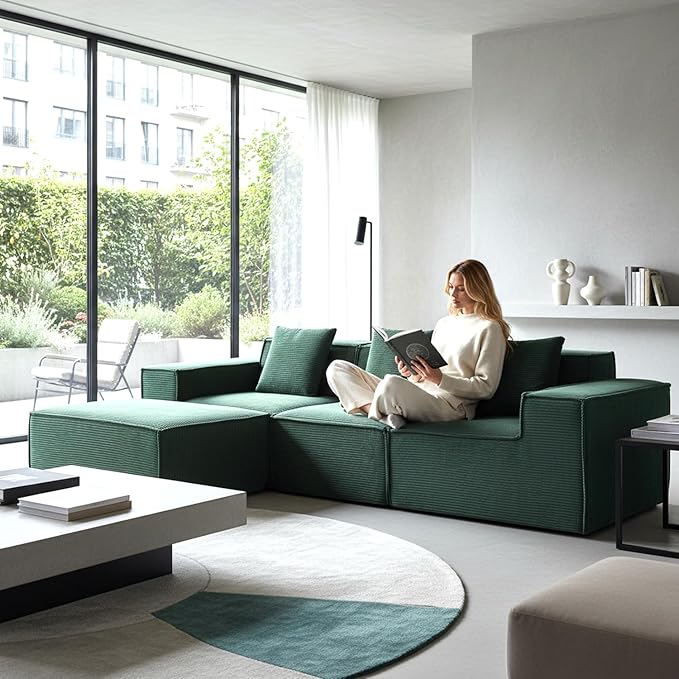 Rowan Convertible Corduroy Sectional Couch with Ottoman & Pillows, Modular L Shaped Sleeper Sofa, Boneless Cloud Couch for Living Room Furniture, Dark Green