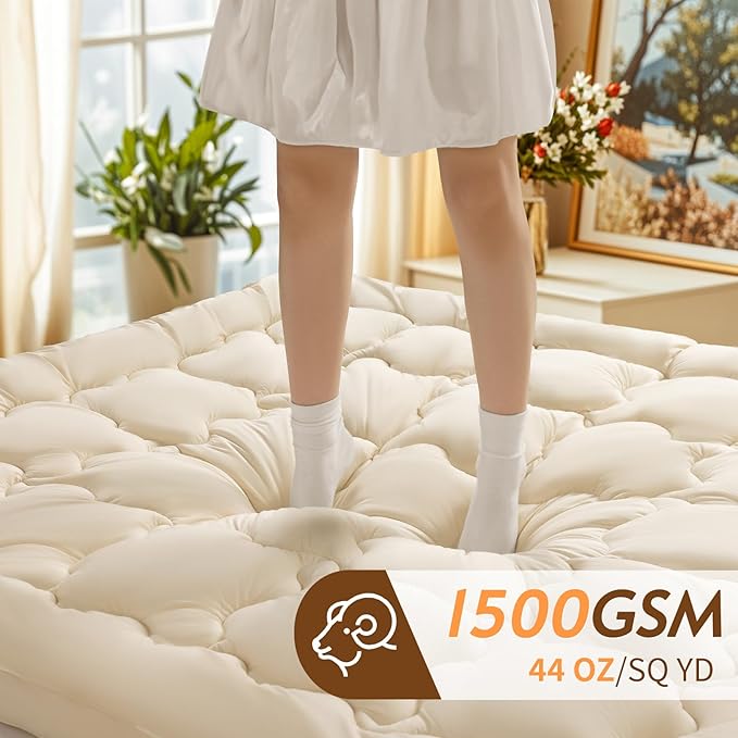 Luxury 100% Organic Wool Mattress Topper Made from Australian Merino, Extra Soft 1500 GSM Wool Mattress Pad for Back Pain Relief, Fuffy Mattress Cover (Beige, King(78"x80"))