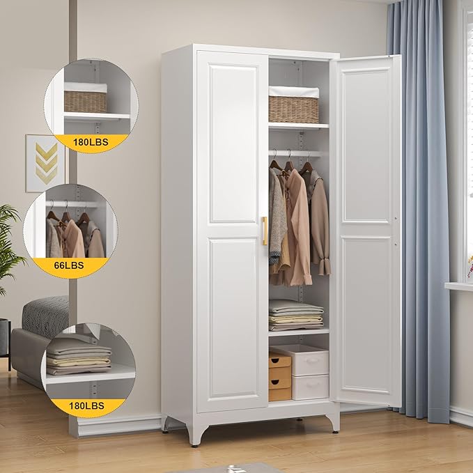 SteeLoong Metal Wardrobe Cabinet with Hanging Rod, 71" Tall Armoire Wardrobe Closet with 2 Doors and Adjustable Shelves, White Clothing Storage Cabinets for Bedroom, Laundry Room, Cloak Room
