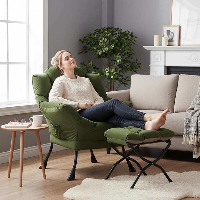 Welnow Lazy Chair with Ottoman, Modern Reading Accent Chair with Armrests and a Side Pocket, Leisure Upholstered Lazy Sofa Set with Footrest for Small Space, Army Green