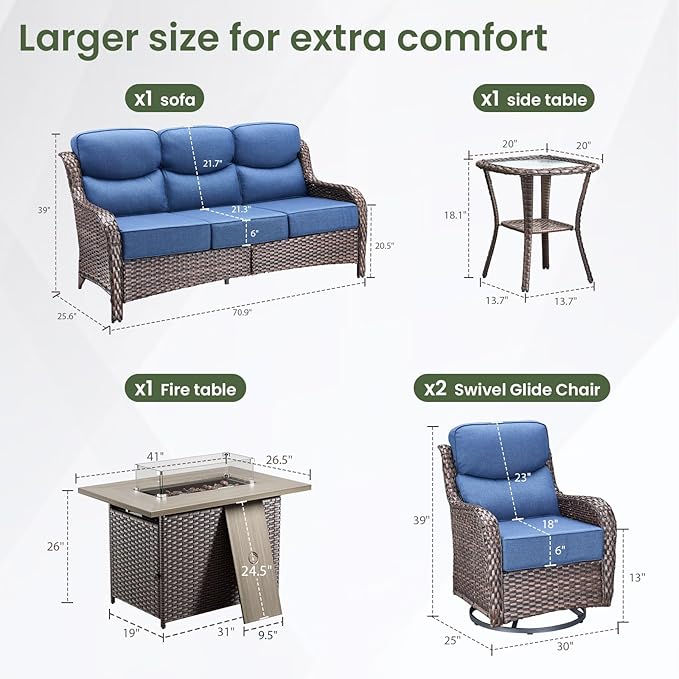 Luxury Patio Furniture Set with 6-inch Thick Cushion, Outdoor Furniture with Fire Pit Table, Swivel Chairs, Side Table, Sofa, 5pcs Wicker Conversation Set for Deck Yard and Poolside(Blue)