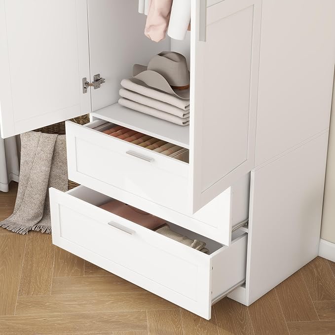 Panana Modern 2 Doors 2 Drawers Bedroom Armoires Wardrobe Clothes Storage Closet with Hanging Rod, Wooden Bedroom Freestanding Wardrobe, 31.5" W x 19.7" D x 70" H (White)