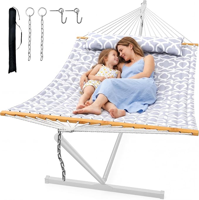 ANAGOO Double Quilted Outdoor Hammock for 2 Adults, 500lb Capacity Backyard & Camping Hammock with Pillow and Bamboo Spreader Bar, Fits 11–15ft Hammock Stands (Stand Not Included),White Gray by ANAGOO