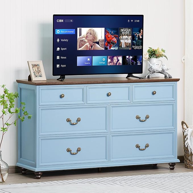 Joaxswe Farmhouse 54" 7 Drawers Dresser for Bedroom, Wide Wood Chest of Drawers w/ 4 Wooden Legs, Vintage Large Storage Dressers Organizer for Hallway, Rustic TV Stand for Living Room, Light Blue - Image 3