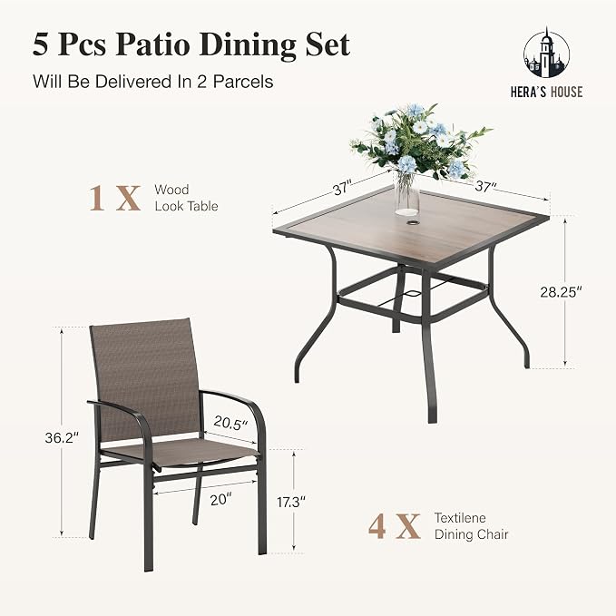 HERA'S HOUSE Patio Table and Chairs for 4, 5 Pieces Outdoor Deck Dining Sets, Square Metal Table Set with Chairs for Lawn Garden Backyard, Brown - Image 6