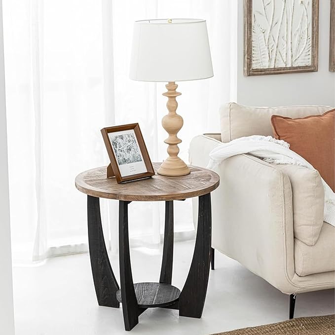 COZAYH Rustic Farmhouse End Table with Storage Shelf, French Country Modern Round Accent Side Table for Small Spaces, Wood Top & Black Base