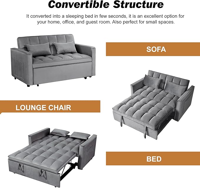 3 in 1 Convertible Sleeper Sofa Bed, Pull Out Couch Loveseat Futon, Adjustable Backrest Velvet Sofa with Pillows and Side Pockets for Living Room Apartment, Dark Grey