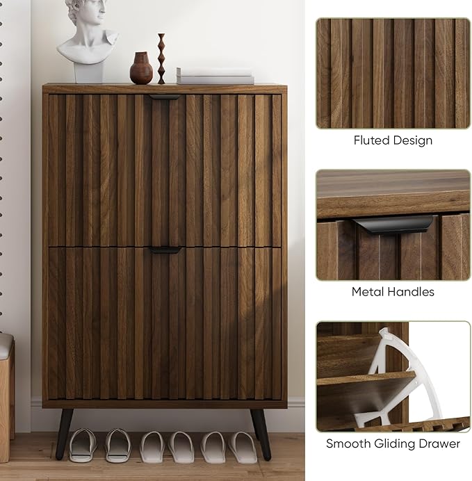 Smuxee Shoe Cabinet with 2 Flip Drawers, 23.6" Walnut Hidden Shoe Storage Cabinet with Fluted Design, Freestanding Shoe Organizer Cabinet for Entryway, Hallway, Closet, Living Room - Image 5