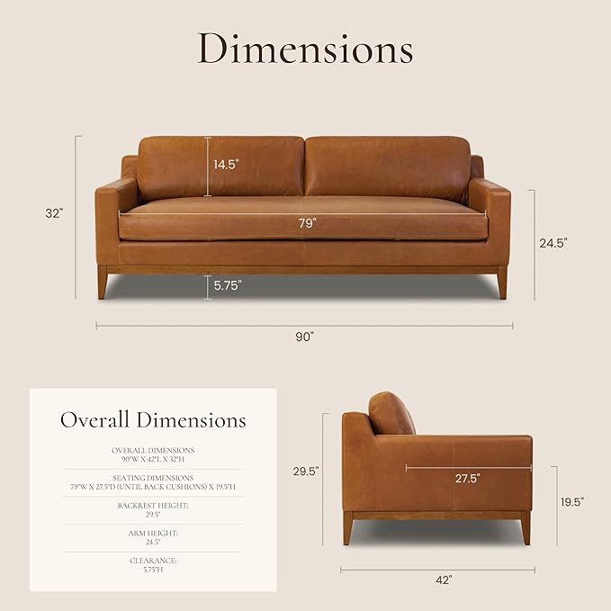 POLY & BARK Zyon 90" Sofa – Saddle Tan Full-Grain Pure-Aniline Italian Leather, Feather-Down Cushions, Solid Wood Base & Legs, Mid-Century Modern Design