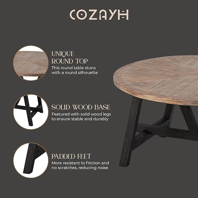 COZAYH Rustic Farmhouse End Table with Storage Shelf, French Country Modern Round Accent Side Table for Small Spaces, Wood Top & Black Base