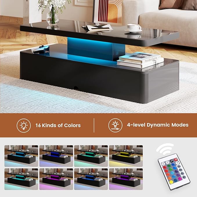 40" Modern Living Room Tables, LED Coffee Table with LED Lights, 2 Tier Rectangular Center Table with Large Storage, High Glossy Surface, Tea Table for Living Room, Black