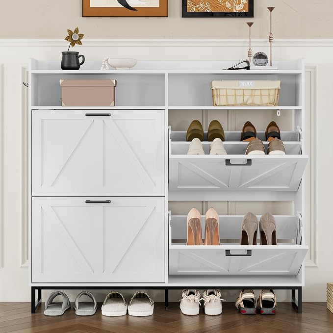 BORNOON Shoe Cabinet with 4 Flip Drawers Narrow Shoe Storage Cabinet Organizer Wooden Freestanding Shoe Rack Hidden Slim Shoes Storage Cabinet for Entryway, Hallway, Living Room, Bedroom - Image 5