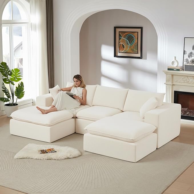 Cloud Modular Sectional Couches Boneless Sofa for Living Room, Oversized U Shaped Floor Couch with Movable Ottomans, Memory Foam Compressed 4 Seater Sofa for Bedroom Apartment | Plush, Wider Armrest, Free Combination