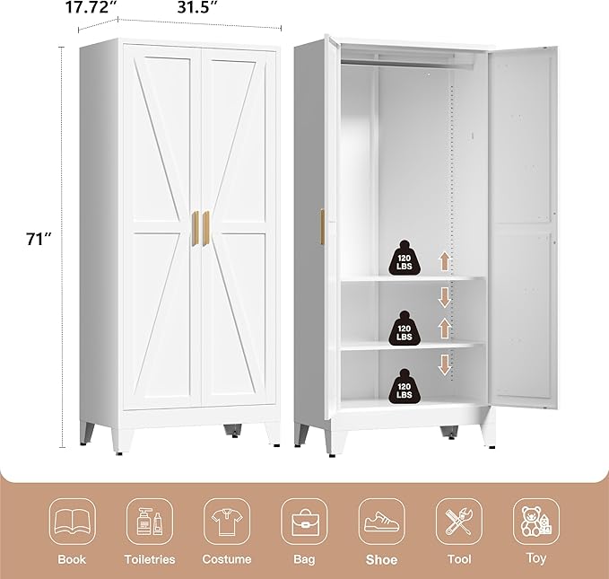 LCAOPC 71" Tall Metal Wardrobe Closet with Adjustable Shelves and Hanging Rod, 2 Doors Free Standing Armoire Wardrobe Cabinet for Bedroom, Office, Laundry Room, White