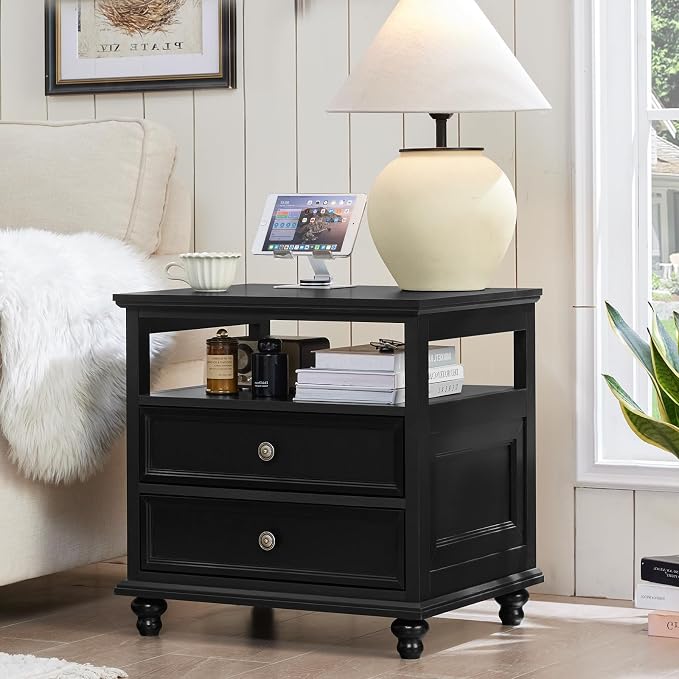 Joaxswe 24" Wide Farmhouse Night Stand,Large End Table with 2 Drawers & Metal Handle,Wood Dresser for Bedroom, Black Bed Side Table Chest of Drawers Cabinet,Nightstand for Living Room,Closet - Image 4