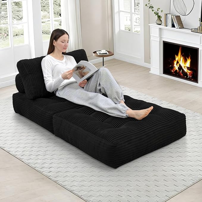 Folding Sofa Bed, Convertible Sleeper Chair with Pillow & Handle, Foldable Mattress Futon Chair Bed Lounge with Back Support, Comfy Floor Sofa for Living Room Bedroom, Black, Single