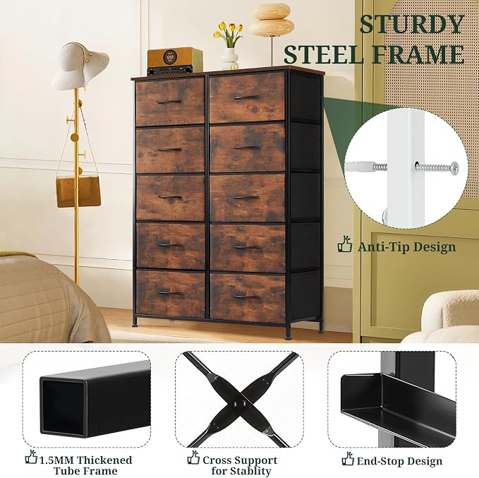 10-Drawer Dresser for Bedroom, Anti-Tip Tall Storage Organizer Chest of Drawers with Wooden Top and Metal Frame Fabric Bins for Closet, Living Room, Hallway, Entryway, Brown - Image 4