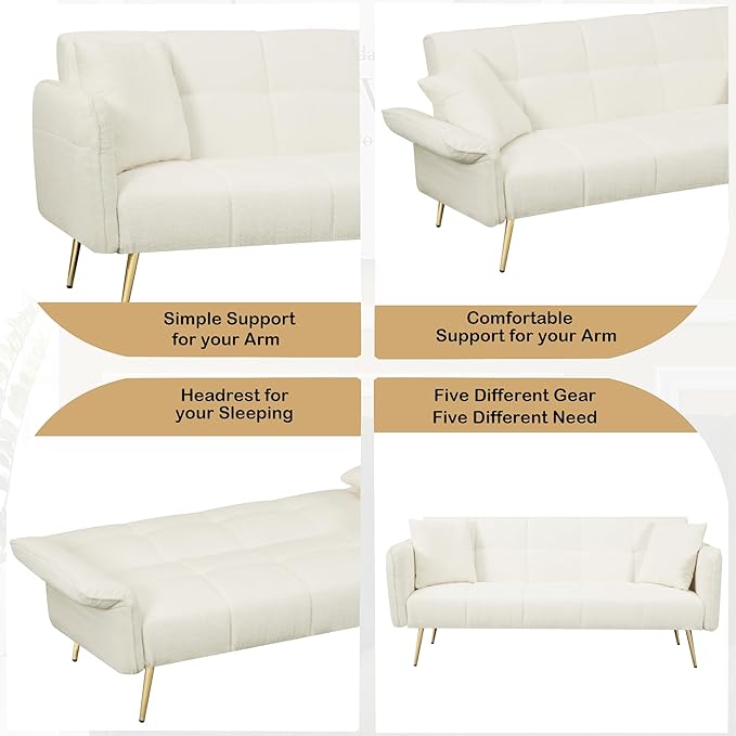 70 inch Upholstered Teddy Fleece Sofabed with Adjustable Arms and Backrest,Modern Convertible Futon Couch W/Metal Legs & Pillows,Love Sofa for Living Room,Bedroom,Apartment,Beige, 70"