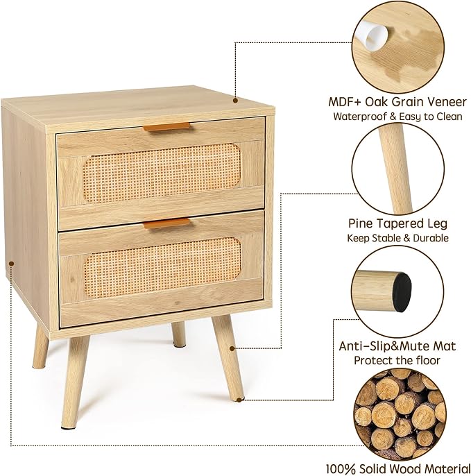 HOPUBUY Nightstands Set of 2 with Rattan Drawer, Modern Night Stand for Bedrooms, Wooden 2 Drawer Bedside Table Side Table for Small Place and Bedroom (Oak, 2 Drawers 2 Pack) - Image 8