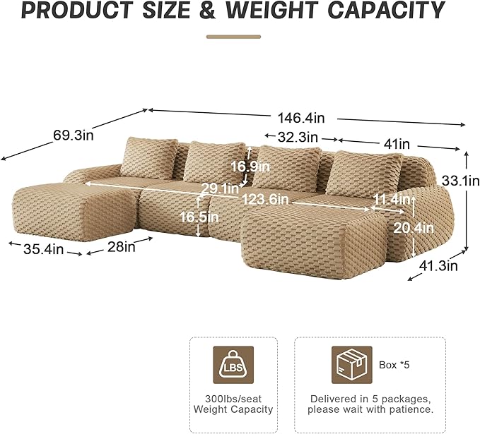 146" U-Shaped Compressed Sectional Cloud Sofa, Flannel Upholstered Modular Deep Seat Sofa with 6 Pieces, Symmetrical Boneless Foam Modular Cloud Couches for Living Room