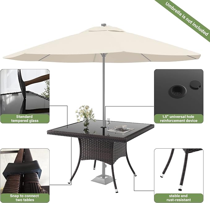 ALAULM 10 Piece Outdoor Patio Dining Set for 8 All-Weather Wicker Patio Furniture Set w/Tempered Glass Tabletop, Removable Cushions and Umbrella Hole for Patio, Backyard, Garden, Poolside (Brown) - Image 4