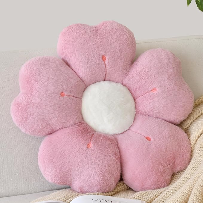 Flower Shaped Pillow, Cute Decorative Throw Pillow with Soft Artificial Rabbit Fur for Couch Bed Chair Floor, Flower Pillows Seating Cushions with Room Décor for Bedroom Living Room (19.6" Dusty Pink)